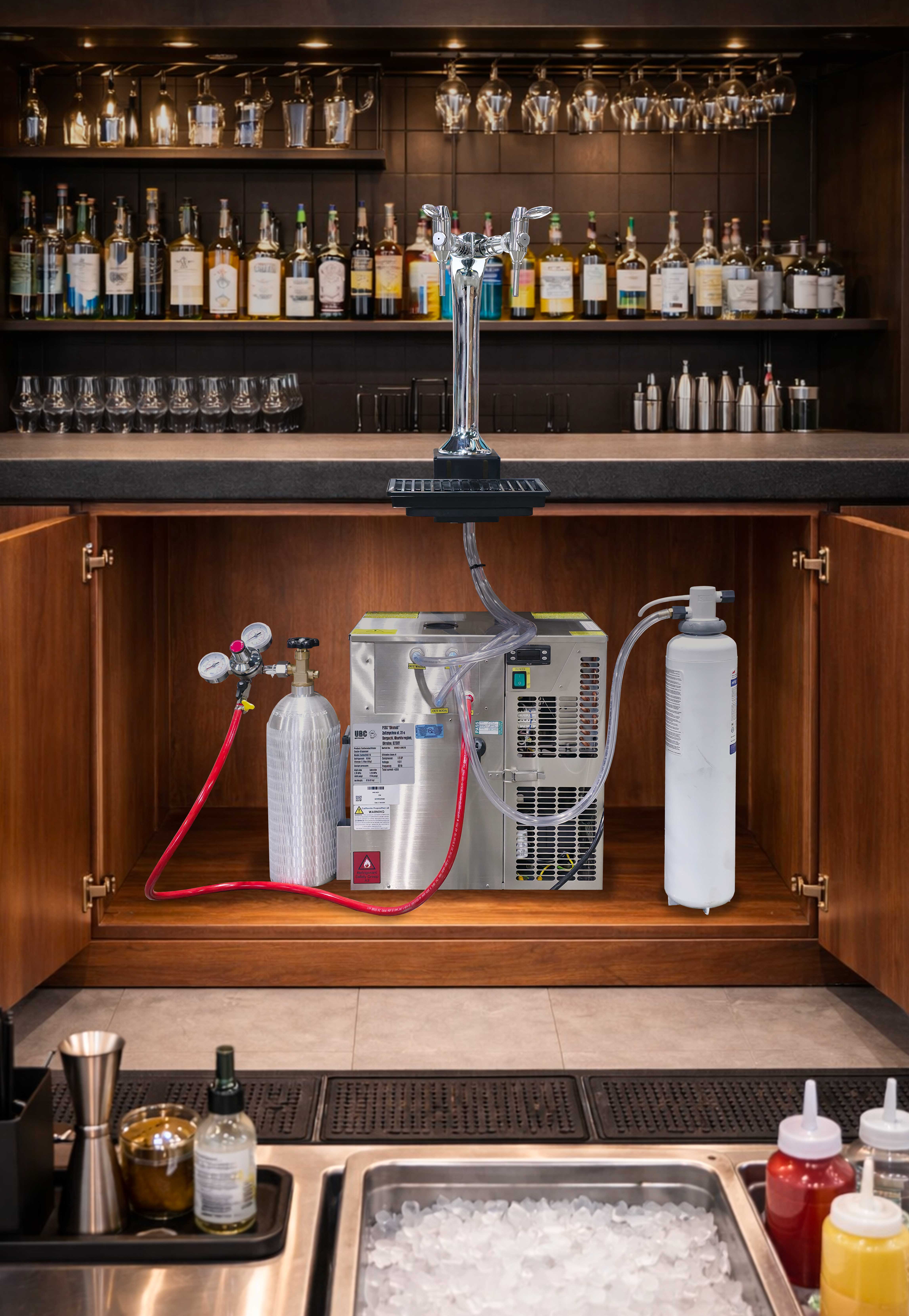 Commercial undercounter carbonated water system installed in a bar